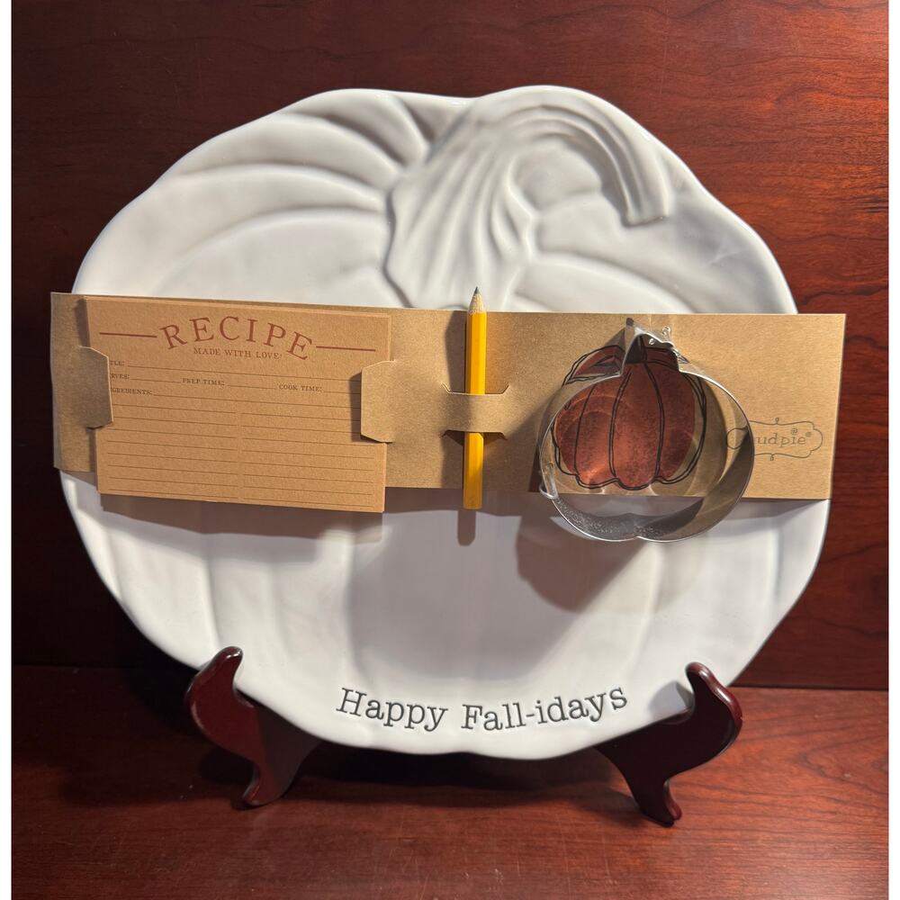 NWT Mud Pie Pumpkin-Shaped Happy Fall Cookie Plate Set Recipe Card Cookie Cutter